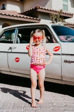 SASSY RED LIPSTICK X PINK DESERT GIRLS MINI RUFFLE PEPLUM SWIMSUIT SET IN SASSY LIPS AND VEGAS PINK