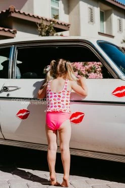 SASSY RED LIPSTICK X PINK DESERT GIRLS MINI RUFFLE PEPLUM SWIMSUIT SET IN SASSY LIPS AND VEGAS PINK