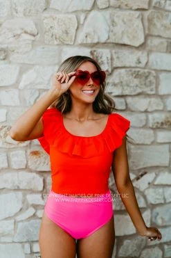 SASSY RED LIPSTICK X PINK DESERT RUFFLE MIDKINI IN POPPY 13 SASSY RED LIPSTICK X PINK DESERT RUFFLE MIDKINI IN POPPY