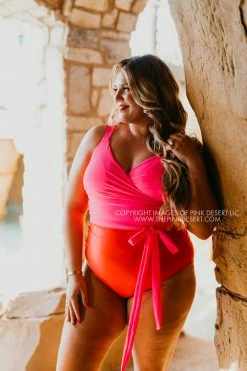 SASSY RED LIPSTICK X PINK DESERT SARAH WRAP ONE PIECE IN VEGAS PINK AND POPPY SWIM