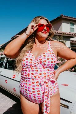SWIM SASSY RED LIPSTICK X PINK DESERT SARAH WRAP ONE PIECE IN SASSY LIP PRINT