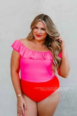 SASSY RED LIPSTICK X PINK DESERT RUFFLE MIDKINI IN VEGAS PINK