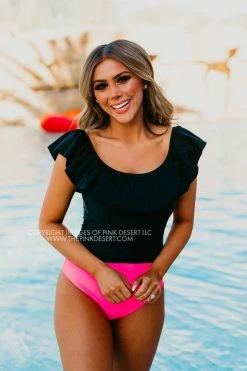 PINK DESERT RUFFLE MIDKINI IN BLACK SWIM