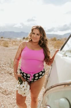 PINK DESERT TIE FRONT BLOUSON TANKINI SWIM TOP IN NEON LILAC