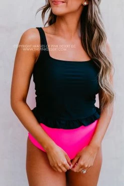 PINK DESERT MINI RUFFLE CROP PEPLUM SWIM TOP IN BLACK 23 PINK DESERT MINI RUFFLE CROP PEPLUM SWIM TOP IN BLACK