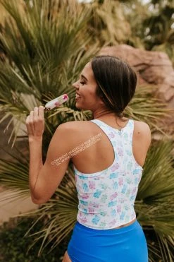 PINK DESERT HIGH NECK RACERBACK ZIPPER MIDKINI SWIM TOP IN POPSICLE
