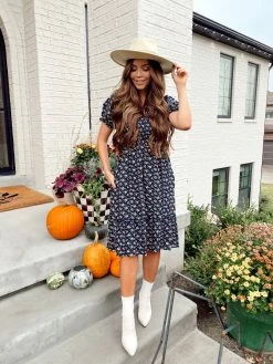 THE PINK DESERT MIDNIGHT GARDEN DRESS IN NAVY