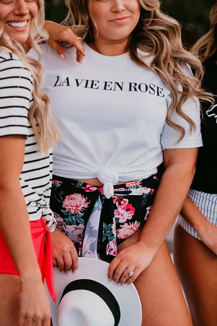 THE LA VIE EN ROSE TEE IN WHITE BY PINK DESERT SWIM 1 THE LA VIE EN ROSE TEE IN WHITE BY PINK DESERT SWIM