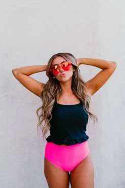 PINK DESERT MINI RUFFLE CROP PEPLUM SWIM TOP IN BLACK 25 PINK DESERT MINI RUFFLE CROP PEPLUM SWIM TOP IN BLACK