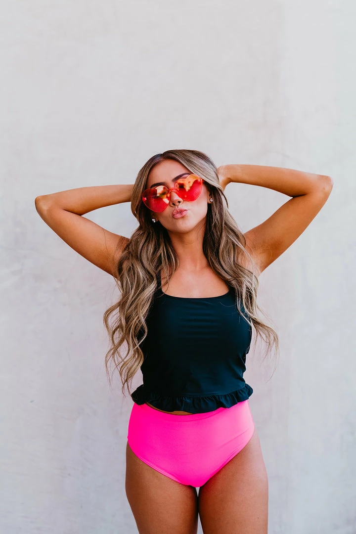 PINK DESERT MINI RUFFLE CROP PEPLUM SWIM TOP IN BLACK 11 PINK DESERT MINI RUFFLE CROP PEPLUM SWIM TOP IN BLACK