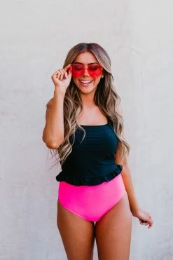 PINK DESERT MINI RUFFLE CROP PEPLUM SWIM TOP IN BLACK 27 PINK DESERT MINI RUFFLE CROP PEPLUM SWIM TOP IN BLACK