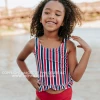 PINK DESERT GIRLS MINI RUFFLE PEPLUM SWIMSUIT SET IN AMERICANA STRIPE AND CHERRY RED