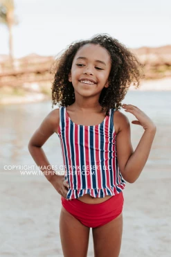 PINK DESERT GIRLS MINI RUFFLE PEPLUM SWIMSUIT SET IN AMERICANA STRIPE AND CHERRY RED
