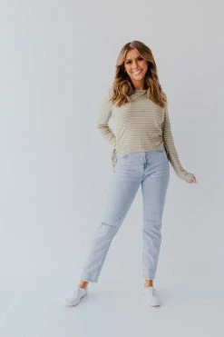 Paper Crane THE OLLY RIBBED STRIPED TOP IN OLIVE