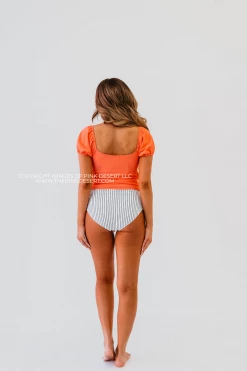 PUFF SLEEVE MIDKINI SWIM TOP IN RIBBED PEACHBERRY BY PINK DESERT