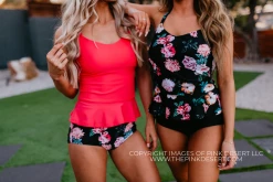 SWIM ELEVATED PEPLUM TANKINI IN BISOU RASPBERRY BY PINK DESERT