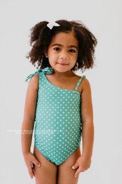 SWIM GIRLS ONE SHOULDER BOW ONE PIECE IN CIAO! POLKA DOTS BY PINK DESERT