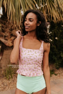 PINK DESERT MINI RUFFLE CROP PEPLUM SWIM TOP IN BUBBLEGUM BANANA