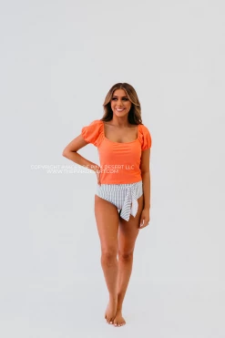 PUFF SLEEVE MIDKINI SWIM TOP IN RIBBED PEACHBERRY BY PINK DESERT