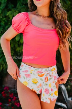 HIGH WAIST TIE FRONT SWIM BOTTOMS IN CITRUS PRINT BY SASSY RED LIPSTICK X PINK DESERT