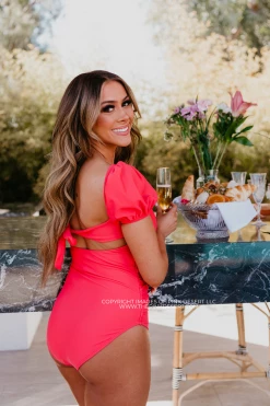 PUFF SLEEVE ONE PIECE IN BISOU RASPBERRY BY PINK DESERT SWIM