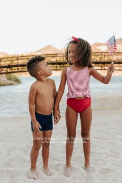 PINK DESERT GIRLS MINI RUFFLE PEPLUM SWIMSUIT SET IN SUMMER GINGHAM AND CHERRY RED