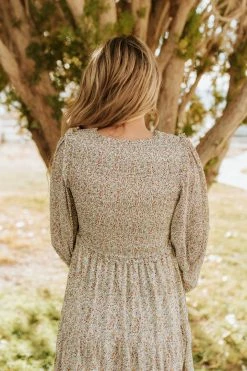 &merci THE PARIS SMOCKED MIDI DRESS IN IVORY PAISLEY DRESSES