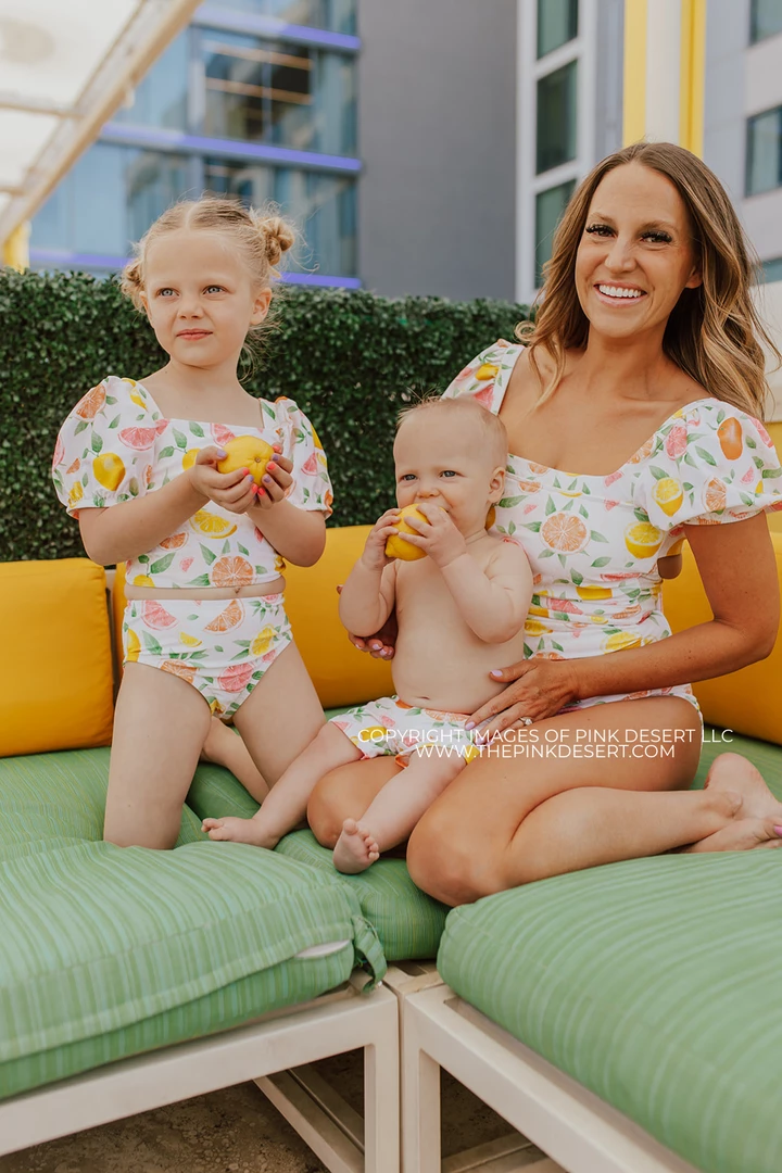 SWIM PUFF SLEEVE ONE PIECE IN CITRUS PRINT BY SASSY RED LIPSTICK X PINK DESERT 12 SWIM PUFF SLEEVE ONE PIECE IN CITRUS PRINT BY SASSY RED LIPSTICK X PINK DESERT