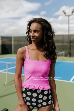 PINK DESERT MINI RUFFLE CROP PEPLUM SWIM TOP IN NEON LILAC