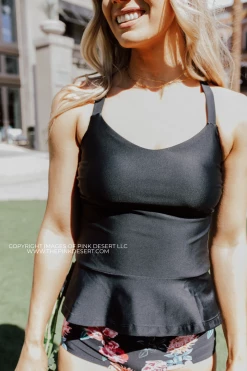 ELEVATED PEPLUM TANKINI IN BLACK BY PINK DESERT