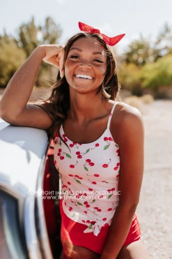 PINK DESERT TIE FRONT BLOUSON TANKINI SWIM TOP IN CHERRY BOMB