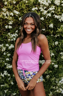 PINK DESERT TIE FRONT BLOUSON TANKINI SWIM TOP IN NEON LILAC