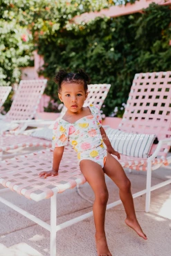 GIRLS PUFF SLEEVE SWIM TOP IN CITRUS PRINT BY SASSY RED LIPSTICK X PINK DESERT