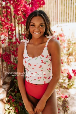 PINK DESERT TIE STRAP MIDKINI SWIM TOP IN CHERRY BOMB