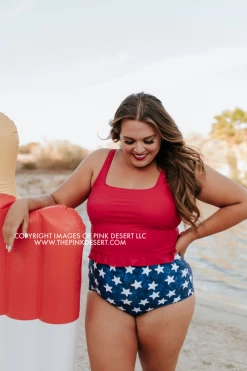 PINK DESERT MINI RUFFLE CROP PEPLUM SWIM TOP IN CHERRY RED