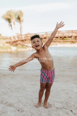 PINK DESERT BOYS EUROPEAN CUT SWIM SHORT IN AMERICANA STRIPE