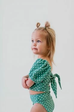 GIRLS PUFF SLEEVE SWIM TOP IN CIAO! POLKA DOT BY PINK DESERT