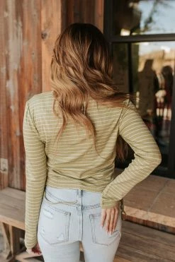Paper Crane THE OLLY RIBBED STRIPED TOP IN OLIVE