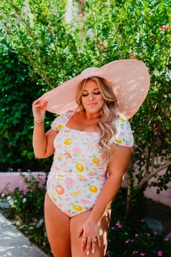 SWIM PUFF SLEEVE ONE PIECE IN CITRUS PRINT BY SASSY RED LIPSTICK X PINK DESERT 21 SWIM PUFF SLEEVE ONE PIECE IN CITRUS PRINT BY SASSY RED LIPSTICK X PINK DESERT