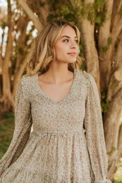 &merci THE PARIS SMOCKED MIDI DRESS IN IVORY PAISLEY DRESSES