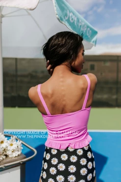 PINK DESERT MINI RUFFLE CROP PEPLUM SWIM TOP IN NEON LILAC