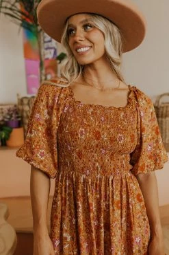 Easel THE SEDONA SMOCKED MIDI DRESS IN BURNT ORANGE