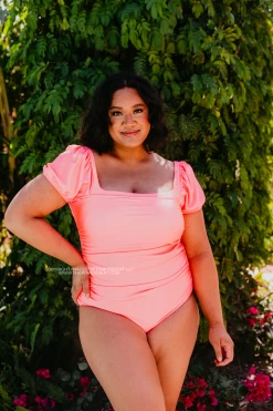 PUFF SLEEVE ONE PIECE IN VINTAGE BARBIE PINK SHIMMER BY SASSY RED LIPSTICK X PINK DESERT