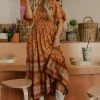 Easel THE SEDONA SMOCKED MIDI DRESS IN BURNT ORANGE