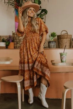 Easel THE SEDONA SMOCKED MIDI DRESS IN BURNT ORANGE