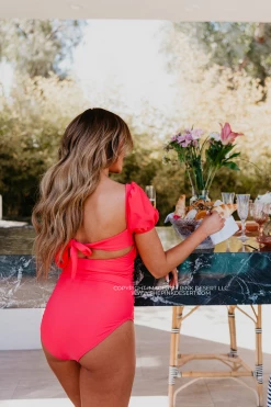 PUFF SLEEVE ONE PIECE IN BISOU RASPBERRY BY PINK DESERT SWIM