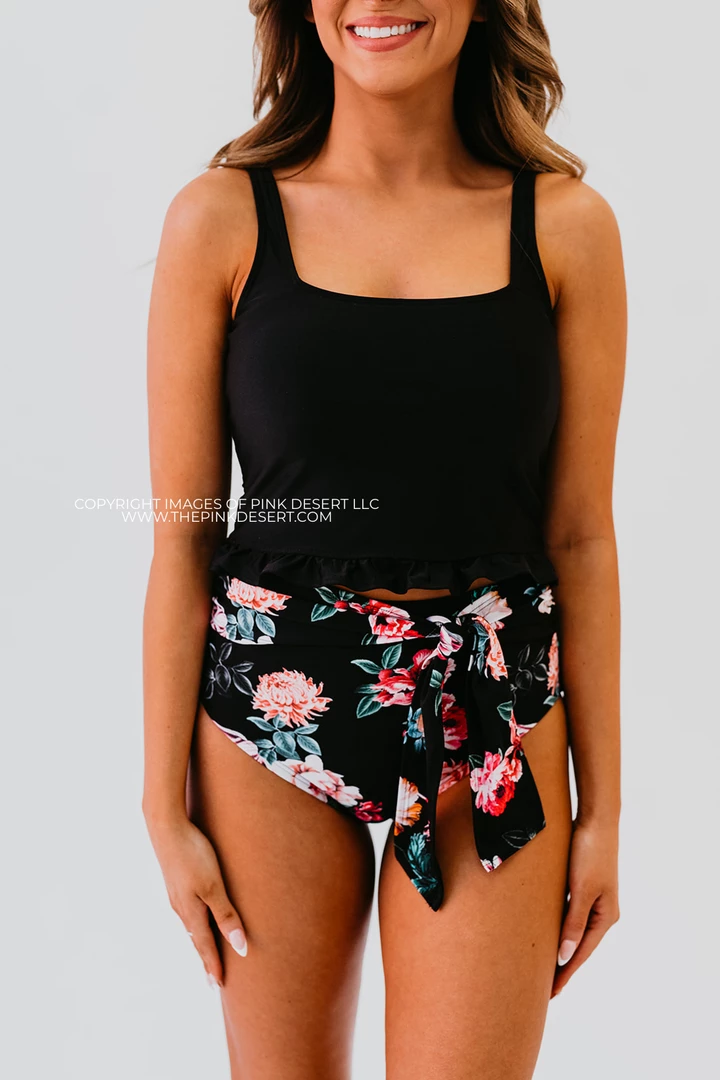 HIGH WAIST TIE FRONT SWIM BOTTOMS IN LE FLEUR BY PINK DESERT 1 HIGH WAIST TIE FRONT SWIM BOTTOMS IN LE FLEUR BY PINK DESERT