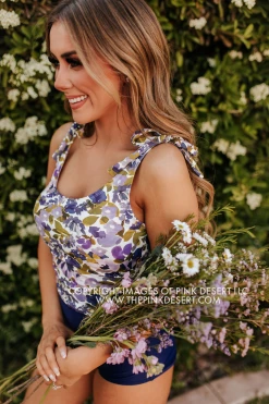 PINK DESERT TIE STRAP MIDKINI SWIM TOP IN WILD LAVENDER