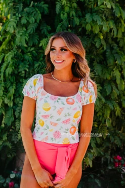 PUFF SLEEVE MIDKINI SWIM TOP IN CITRUS PRINT BY SASSY RED LIPSTICK X PINK DESERT