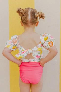 GIRLS PUFF SLEEVE SWIM TOP IN CITRUS PRINT BY SASSY RED LIPSTICK X PINK DESERT